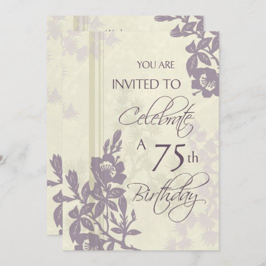 紫色の花柄の第75誕生日のパーティの招待状カード 招待状 (正面/裏面)