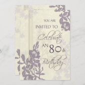 紫色の花柄の第80誕生日のパーティの招待状カード 招待状 (正面/裏面)