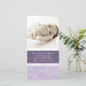 紫色の花柄はベビーシャワーの写真カード感謝していしています サンキューカード (スタンド正面)