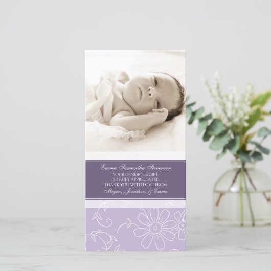 紫色の花柄はベビーシャワーの写真カード感謝していしています サンキューカード (スタンド正面)