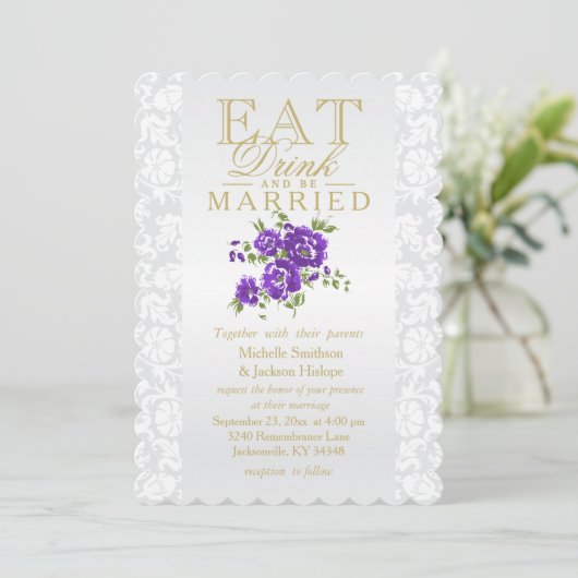 紫色の花柄は、飲み物食べ、結婚したな招待状です 招待状 (スタンド正面)