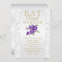 紫色の花柄は、飲み物食べ、結婚したな招待状です