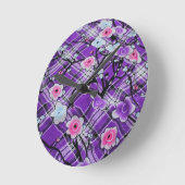 紫色の花柄 ラウンド壁時計 (傾斜)