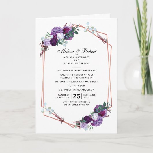 紫色の花柄 幾何学的な花の開花 ウェディング 招待状 (正面)