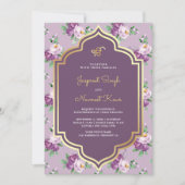 紫色の花柄Anand Karaj Sikh 結婚's 招待状 (正面)