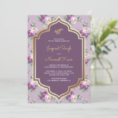 紫色の花柄Anand Karaj Sikh 結婚's 招待状 (スタンド正面)