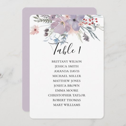 紫色の花結婚の座席表。植物学の 招待状 (正面/裏面)