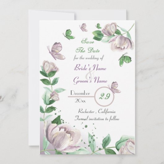 紫色の花葉と蝶の日付を保存 招待状 (正面)