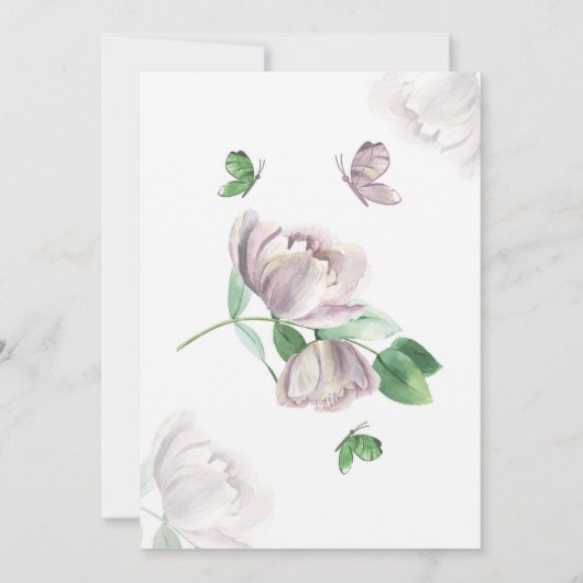 紫色の花葉と蝶の日付を保存 招待状 (裏面)