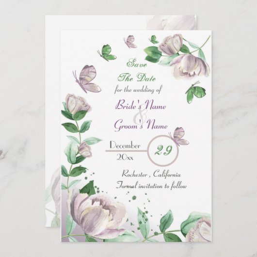 紫色の花葉と蝶の日付を保存 招待状 (正面/裏面)