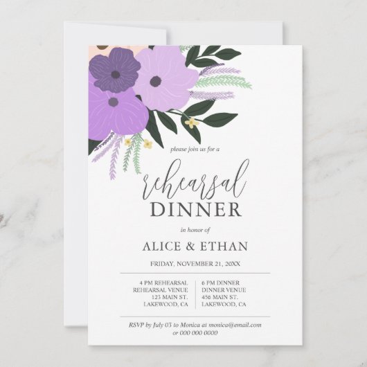 紫色の花葉書道リハーサルディナー 招待状 (正面)