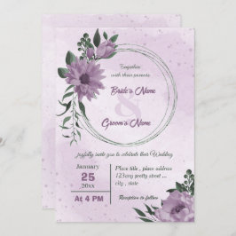 紫色の花葉緑の植物結婚の 招待状