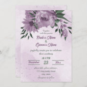 紫色の花葉緑の植物結婚の 招待状 (正面/裏面)