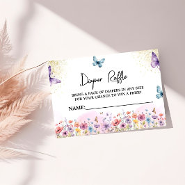 紫色の花蝶の赤ちゃんシャワーおむつラッフル エンクロージャーカード