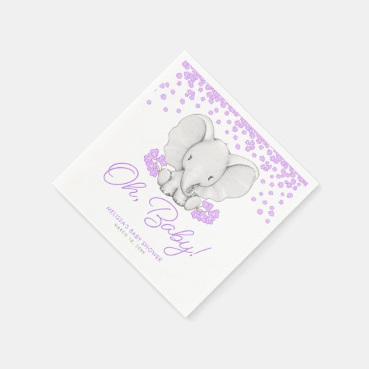 紫色の花象の女の子の赤ちゃんシャワー スタンダードカクテルナプキン (角)