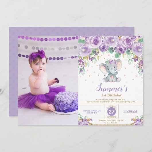 紫色の花象の第1誕生日の女の子の写真 招待状 (正面/裏面)