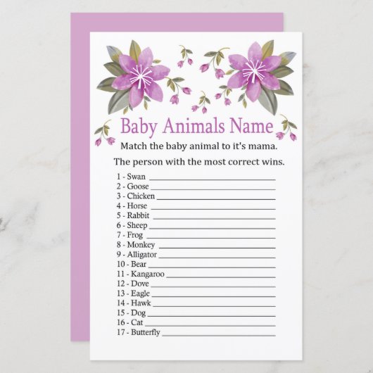 紫色の花赤ちゃん動物の名前ゲーム (正面/裏面)