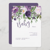 紫色の花赤ちゃん女の子シャワー丸 招待状 (正面/裏面)