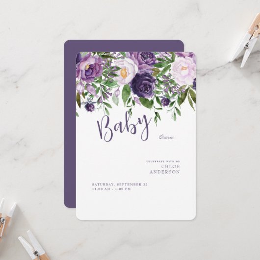 紫色の花赤ちゃん女の子シャワー丸 招待状 (正面/裏面インサイチュ)