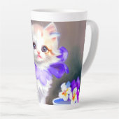 紫色の花首付き白絵画猫 カフェラテマグ (右アングル)