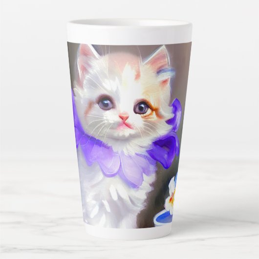紫色の花首付き白絵画猫 カフェラテマグ (正面)