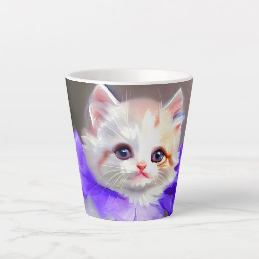 紫色の花首付き白絵画猫 カフェラテマグ (正面)