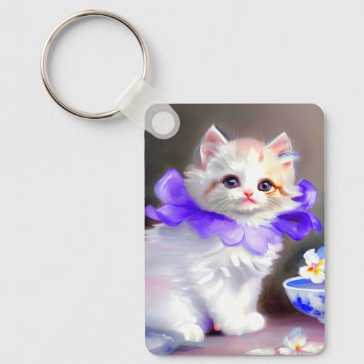 紫色の花首付き白絵画猫 キーホルダー (正面)