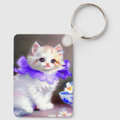 紫色の花首付き白絵画猫 キーホルダー (裏面)