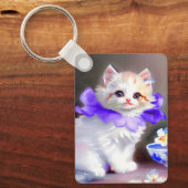 紫色の花首付き白絵画猫 キーホルダー (正面)