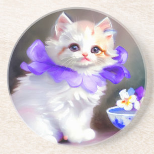 紫色の花首付き白絵画猫 コースター