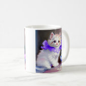 紫色の花首付き白絵画猫 コーヒーマグカップ (正面右)