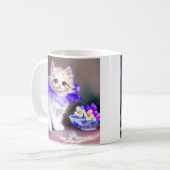 紫色の花首付き白絵画猫 コーヒーマグカップ (正面左)