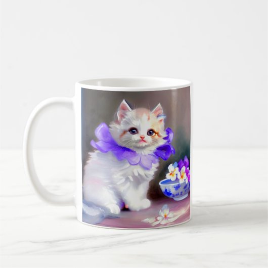 紫色の花首付き白絵画猫 コーヒーマグカップ (左)