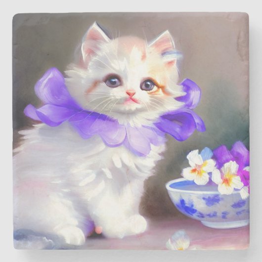 紫色の花首付き白絵画猫 ストーンコースター (正面)