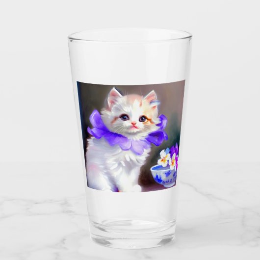 紫色の花首付き白絵画猫 タンブラーグラス (正面)