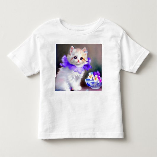 紫色の花首付き白絵画猫 トドラーTシャツ (正面)