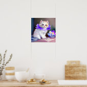 紫色の花首付き白絵画猫 ポスター (キッチン)