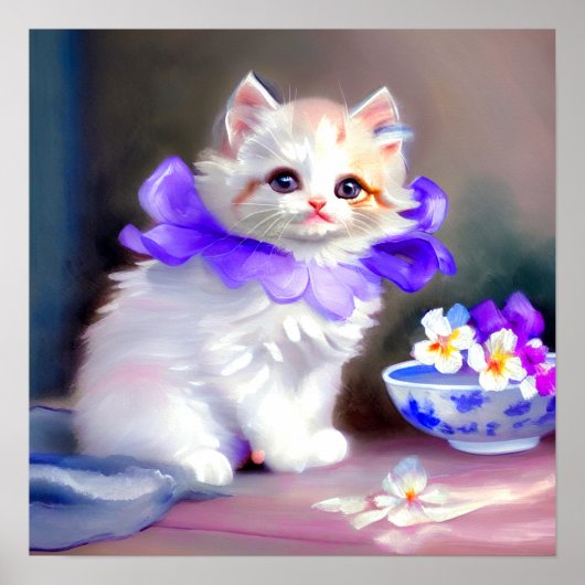 紫色の花首付き白絵画猫 ポスター (正面)