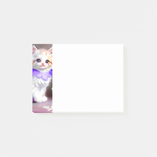 紫色の花首付き白絵画猫 ポストイット (正面)