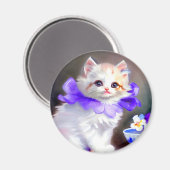 紫色の花首付き白絵画猫 マグネット (正面/裏面)