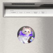 紫色の花首付き白絵画猫 マグネット (インサイチュ (食洗機))