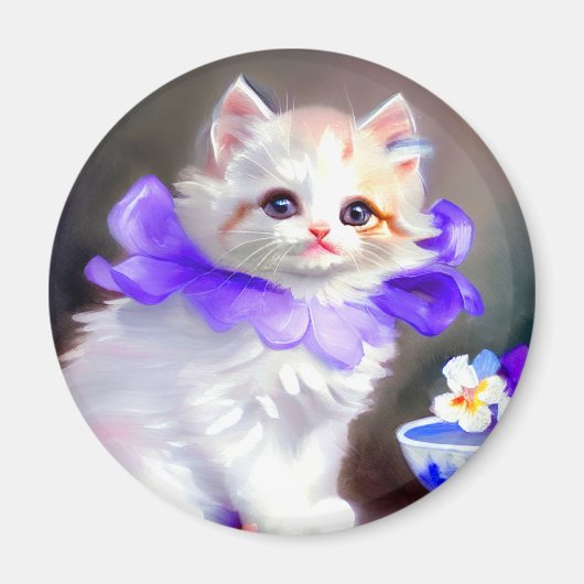 紫色の花首付き白絵画猫 マグネット (正面)