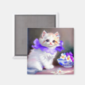 紫色の花首付き白絵画猫 マグネット (正面/裏面)