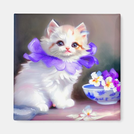 紫色の花首付き白絵画猫 マグネット (正面)