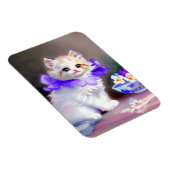 紫色の花首付き白絵画猫 マグネット (右側)