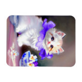 紫色の花首付き白絵画猫 マグネット (横)