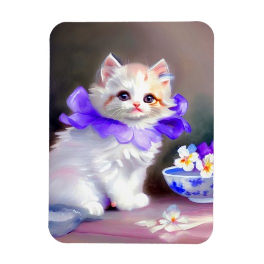 紫色の花首付き白絵画猫 マグネット (縦)