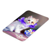 紫色の花首付き白絵画猫 マグネット (左側)