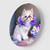 紫色の花首付き白絵画猫 ラージ壁時計 (傾斜)