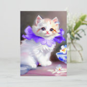 紫色の花首付き白絵画猫 案内状 (スタンド正面)